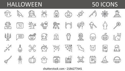 set of 50 halloween icons. outline thin line icons. Collection of perfectly thin icons for web design, app, poster, flyer and modern projects