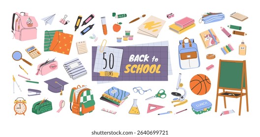 Set of 50 hand drawn school supplies and stationery items. Isolated flat illustrations. Back to school and education concepts. Backpacks, pencil cases, microscope, books, blackboard. Vector bundle.