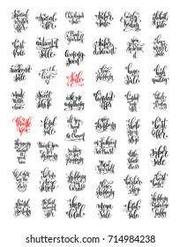 set of 50 hand lettering inscription about happy shopping, black ink calligraphy vector illustration collection