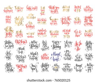 set of 50 hand lettering inscription celebration quotes to winter holiday and christmas design, calligraphy vector illustration collection