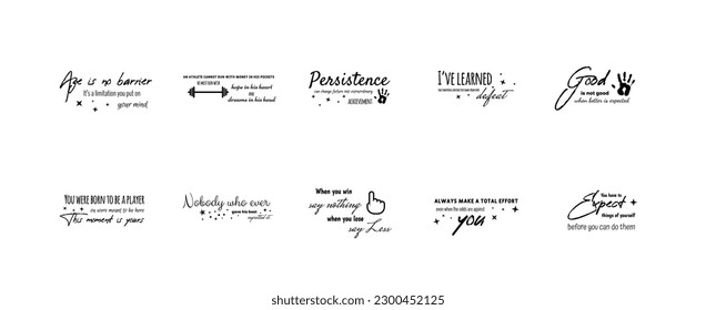 set of 50 hand lettering inscriptions about fitness to motivation quotes posters, black and white inspirational text, calligraphy vector illustration collection