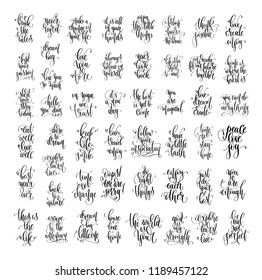 set of 50 hand lettering positive quotes isolated on white, motivation and inspiration phrases, calligraphy vector illustration collection