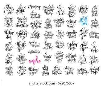 Set Of 50 Hand Lettering Wedding Invitation And Romantic Valentine Quotes, Love And Marriage Photo Overlays And Greeting Card, Calligraphy Vector Illustration Collection