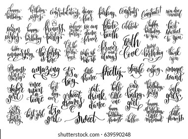 set of 50 hand written lettering about family and baby born holidays to photography overlay, party banner, greeting card and printable wall art, calligraphy vector illustration collection