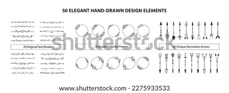 Set of 50 hand-drawn text or page decorations, vignettes. Elegant retro lines, borders, paragraph separators and arrows, herbal eco wreaths or frames. Lovely romantic design elements for prints