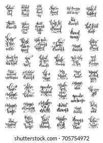 set of 50 handwritten lettering positive magic dreams quotes to poster, greeting card, printable wall art, calligraphy vector illustration collection