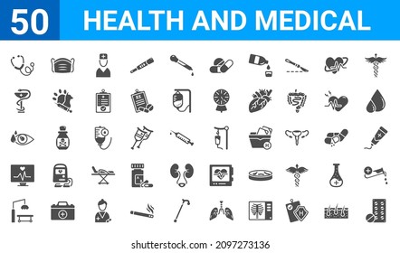 set of 50 health and medical web icons. filled glyph icons such as tablets,stethoscope,surgery,cardiogram,ophthalmology,phary,medical mask,intravenous. vector illustration