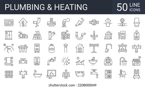 Set Of 50 Heating, Plumbing, Ventilation, Conditioning Line Icons. Home Renovation, Improvement And Repair. Editable Stroke
