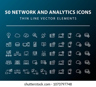 Set of 50 High Quality Universal Standard Minimal Simple White Thin Line Network , Technology and Analytics Icons on Dark Background 