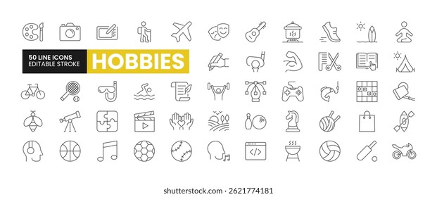 Conjunto de 50 Hobbies conjunto de ícones de linha. Ícones de contorno de hobbies com coleção de traçados editável. Inclui pintura, viagens, jogos, halterofilismo, jogar críquete e muito mais.