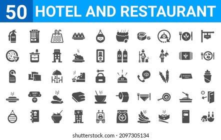 set of 50 hotel and restaurant web icons. filled glyph icons such as spa,fire extinguisher,closed,hot dog,do not disturb,pizza,vending hine,reception bell. vector illustration