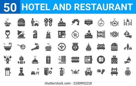 set of 50 hotel and restaurant web icons. filled glyph icons such as open,ramen,elevator,lobster,bathtub,wine glass,hamburger,restroom. vector illustration