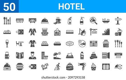 set of 50 hotel web icons. filled glyph icons such as 24 service,cutlery,reception bell,left-luggage,wine glass,pool,beds,five stars. vector illustration