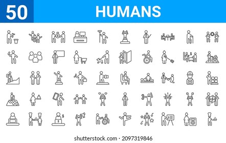 set of 50 humans web icons. outline thin line icons such as kitchen chef,painter with paint bucket,internet on laptop computer,mountain climb,man in hike,smartphone call,playing with a ball,sitting