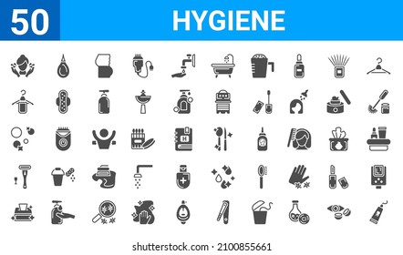 set of 50 hygiene web icons. filled glyph icons such as tooth paste,face washer,sanitary napkin,shaving razor,bubbles,face towel,l aspirator,food hygiene. vector illustration