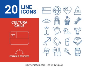 Conjunto de 50 ícones da cultura do Chile, símbolos nacionais, comidas típicas, fauna, vetores em Formato Vetorial.