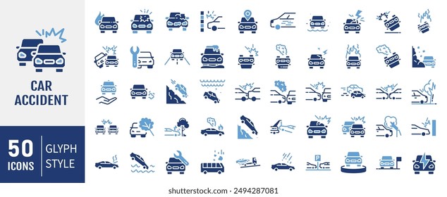 Conjunto de 50 iconos relacionados con el accidente de coche. Contiene iconos como coche, colisión, choque, accidente y más. Colección de Vector de iconos sólidos.