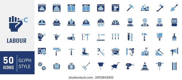 Set of 50 icons related to labor, construction, labour day, renovation. Solid icons vector collection.