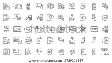 Set of 50 icons related Mobile payment outline icon set. NFC, smartphone, contactless card, e-wallet, online banking and money transfer line icons set