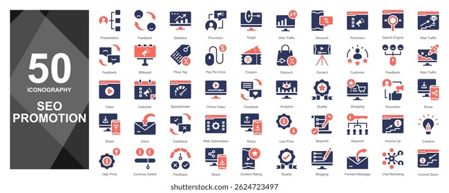 Set of 50 icons visualizing key SEO strategies—search ranking, keyword planning, analytics, backlinks, optimization, and traffic.