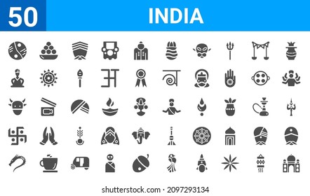 set of 50 india web icons. filled glyph icons such as taj mahal,sarnaism,kali,hindu,sacred cow,bhagavan,indian sweets,brahman. vector illustration