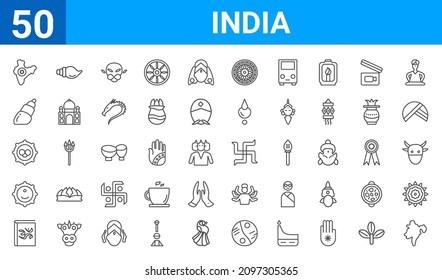 Satz von 50 indianischen Web-Icons. Umriss von Dünnzeilensymbonen wie assam, india, vedas, ratha-yatra, telugu language, conch shell, biju janata dal, swastica. Vektorgrafik