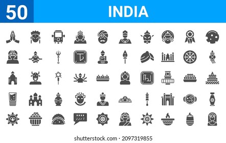 set of 50 india web icons. filled glyph icons such as indra,pray,telugu language,thandai,odisha,vishnu,krishna, . vector illustration