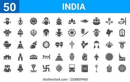 set of 50 india web icons. filled glyph icons such as mandala,parvati,brahma,gate of india,curry,indian cow,lakshmi,gtic. vector illustration