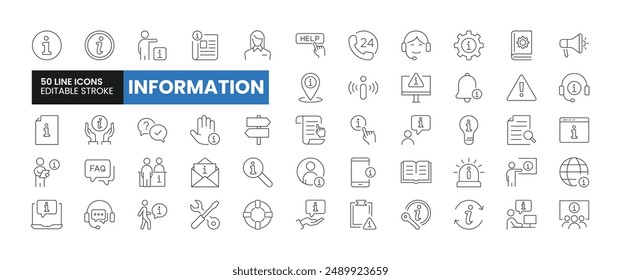 Set of 50 Information line icons set. Information outline icons with editable stroke collection. Includes Help Desk, Support, Assistance, Manual, FAQ, and More.