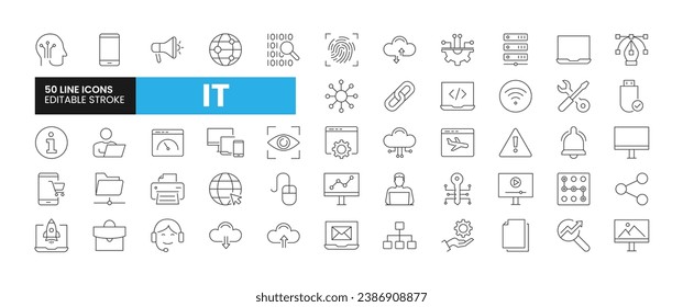 Set of 50 Information Technology line icons set. Information Technology outline icons with editable stroke collection. Includes Devices, Website, Cloud Computing, Connections, Link Building, and More.