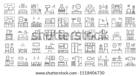 Set of 50 interior design in outline style. Collection include different workspace, kitchen, bedroom, living room. Thin line vector illustration isolated on white background.