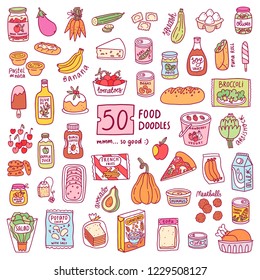 Set of 50 isolated food doodles, vector illustrations