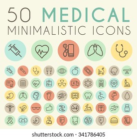 Set of 50 Isolated Universal Minimal Simple Vintage Thin Line Medical Icons on Circular Color Buttons.