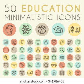Set of 50 Isolated Universal Minimal Simple Vintage Thin Line Education Icons on Circular Color Buttons.