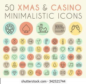 Set of 50 Isolated Universal Minimal Simple Vintage Thin Line Christmas and Casino Icons on Circular Color Buttons.