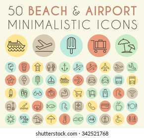 Set of 50 Isolated Universal Minimal Simple Vintage Thin Line Beach and Airport Icons on Circular Color Buttons.