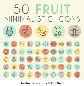 Set of 50 Isolated Universal Minimal Simple Thin Line Fruit Icons on Circular Color Buttons.
