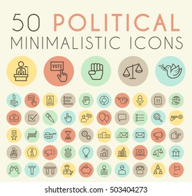 Set of 50 Isolated Universal Minimal Simple Thin Line Political Icons on Circular Color Buttons.