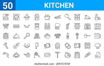 Set Of 50 Kitchen Web Icons. Outline Thin Line Icons Such As Kitchen Mitten,coffee Maker,kitchen Tap,meat Tenderizer,steamer,nder,kitchen,strainer. Vector Illustration