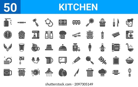 set of 50 kitchen web icons. filled glyph icons such as beater,liquid soap,mug,dishes,knives,fork,rolling pin,juicer. vector illustration