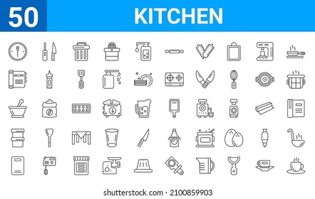 set of 50 kitchen web icons. outline thin line icons such as tea cup,fork,chopping board,custard cup,mortar,recipe,knife sharpener,cutting board. vector illustration