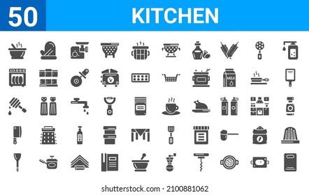 set of 50 kitchen web icons. filled glyph icons such as chopping board,soup bowl,paddle,cleaver,honey dipper,dishwasher,kitchen mitten,tea cup. vector illustration
