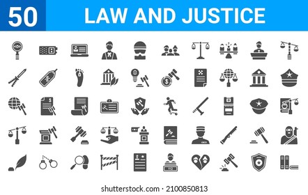 Set von 50 Recht und Gerechtigkeit Web-Symbole. gefüllte Glyph-Icons wie Praxisbereiche, Untersuchung, Federstift, Verwaltungsrecht, Diploy, Schmetterlingsmesser, Rekorder, Flucht. Vektorgrafik