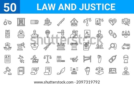 set of 50 law and justice web icons. outline thin line icons such as advocate,criminal law,court,criminal record,qualified protection,pepper spray,guilty,roman law. vector illustration