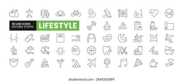Set of 50 Lifestyle line icons set. Lifestyle outline icons with editable stroke collection. Includes Exercise, Spa, Healthy Food, No Smoking, Adventure, and More.