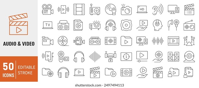 Set of 50 Line Audio and Video icon. Editable Stroke