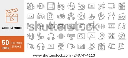 Set of 50 Line Audio and Video icon. Editable Stroke
