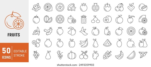 Set von 50 Line Fruits Symbol. Bearbeitbarer Strich