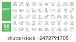 Set of 50 line icons related to sport, athletic, soccer, active, entertainment, Editable stroke. Vector illustration