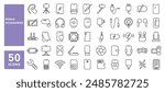 Set of 50 line icons related to mobile accessories, power bank, headset, cable, sim card, phone case, wireless charger, phone protection,  Editable stroke. Vector illustration